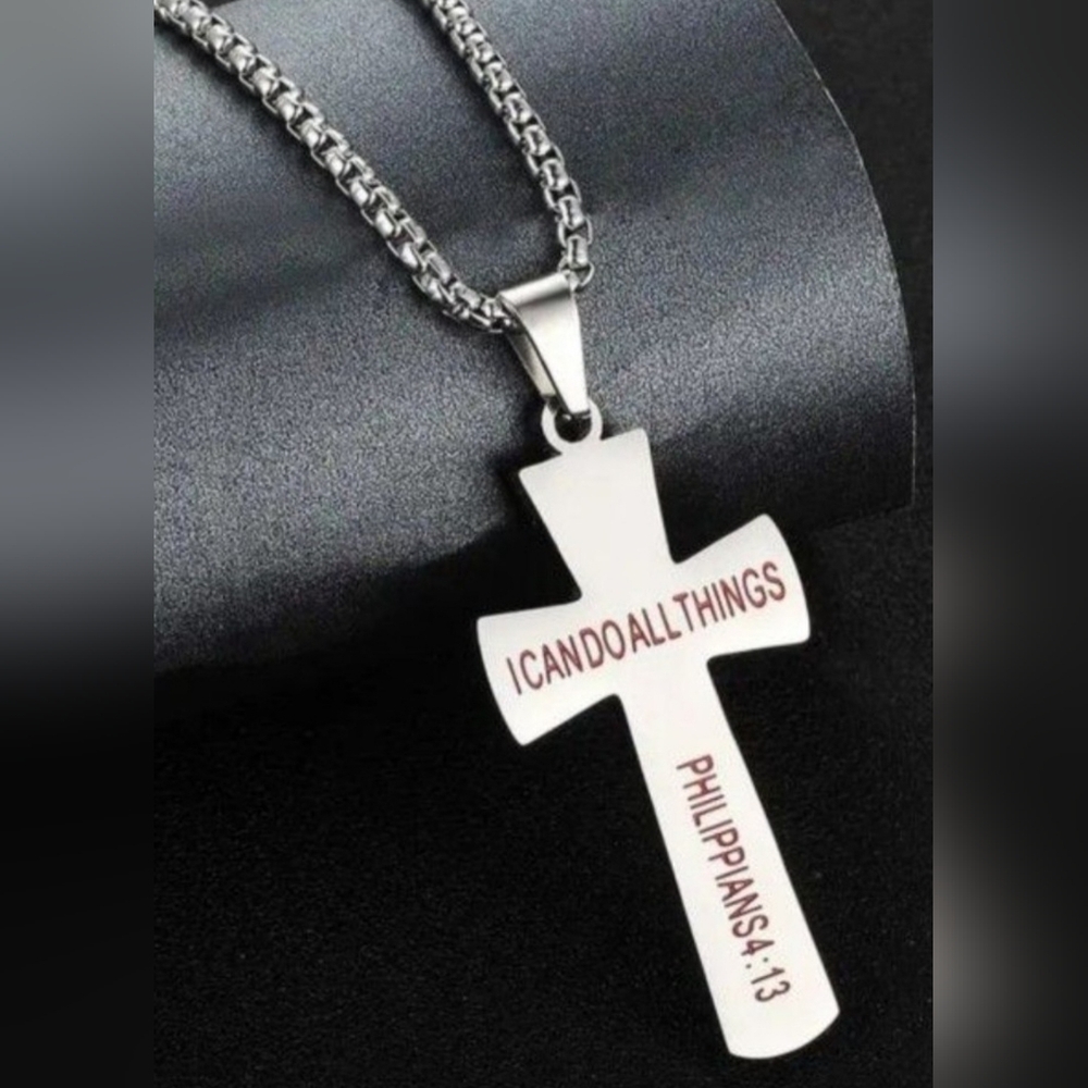New Stainless steel baseball Philippians 4:13 cross necklace 22" black or silver